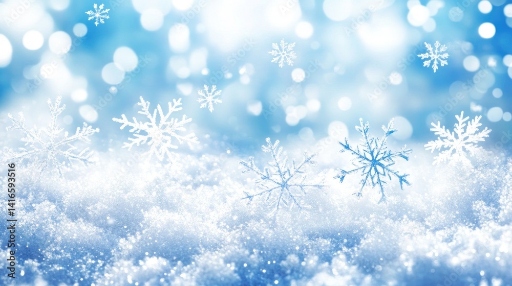 ethereal winter landscape with delicate snowflakes gently falling on a serene snow-covered ground creating a magical and enchanting atmosphere against a soft blue backdrop ethereal winter landscape with delicate snowflakes gently falling on a serene snow-covered ground creating a magical and enchanting atmosphere against a soft blue backdrop