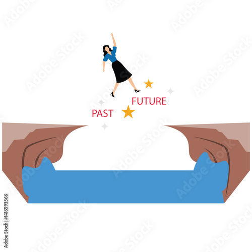 Silhouette woman jump on a cliff from past to future, Go ahead and continuously improvement