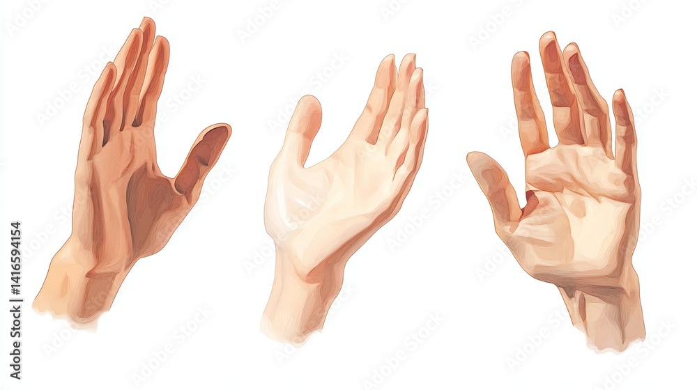 Depicting Three Different Human Hands in a Realistic Illustration Style Depicting Three Different Human Hands in a Realistic Illustration Style