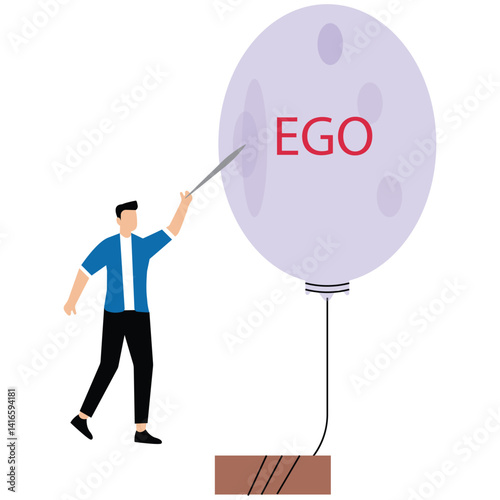 Reducing personal ego and greed concept with a man piercing a balloon with the word ego written on it