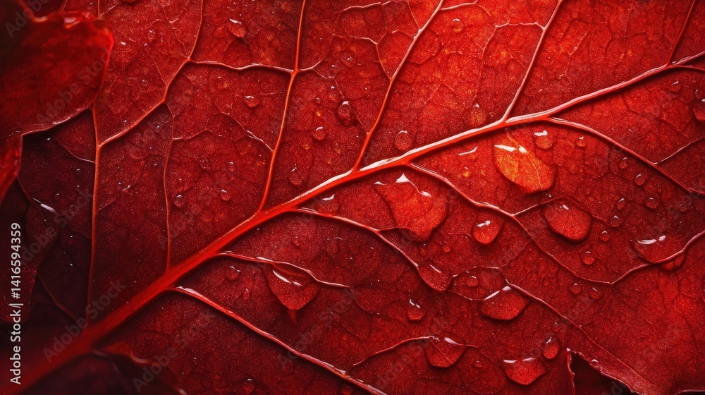 Fototapeta premium Close-up view of a vibrant red leaf covered in water droplets.