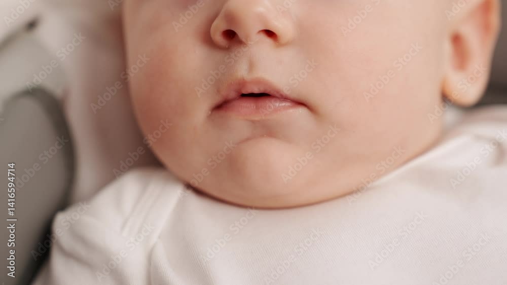 Close-up of mouth cute baby, smiling, cooing, active after waking up. Concept of baby products and baby services, baby care, neurological health Close-up of mouth cute baby, smiling, cooing, active after waking up. Concept of baby products and baby services, baby care, neurological health