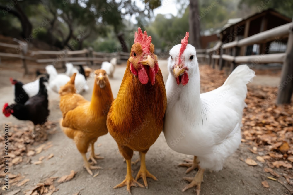 Fototapeta premium Colorful chickens in a rural setting with trees and a wooden fence during the day