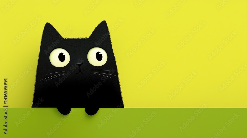 Fototapeta premium Cute black cat peeking over a lime green surface