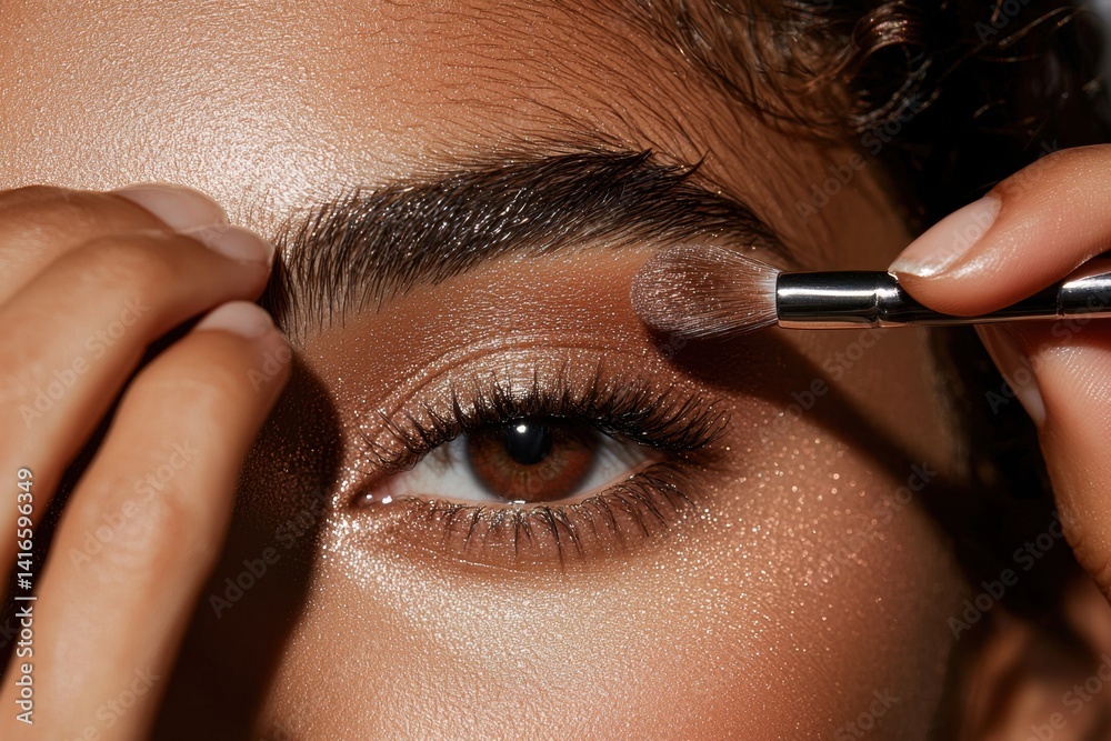 Model applying soft glam makeup eyeshadow in closeup beauty studio makeup tutorial professional environment intimate viewpoint fashion concept for all makeup enthusiasts