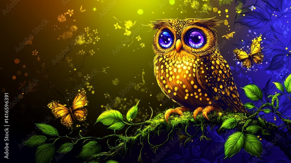 Fototapeta premium Enchanting night forest scene depicting a stylized owl with large, luminous eyes perched on a branch accompanied by butterflies under a mystical glow
