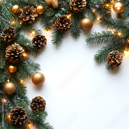 Christmas decoration with pinecones golden balls and fir tree branches isolated on white background winter holiday arrangement for greeting cards