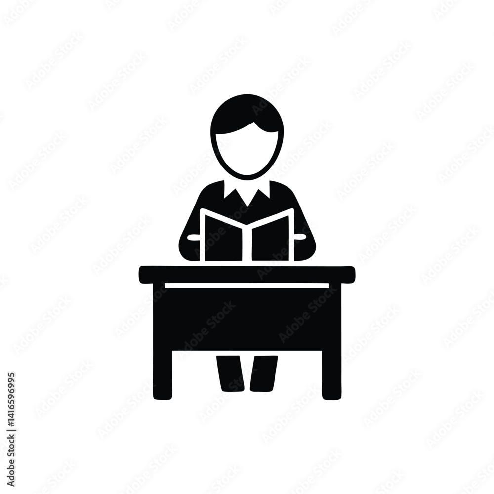Monochrome Person Reading at Desk Icon Monochrome Person Reading at Desk Icon