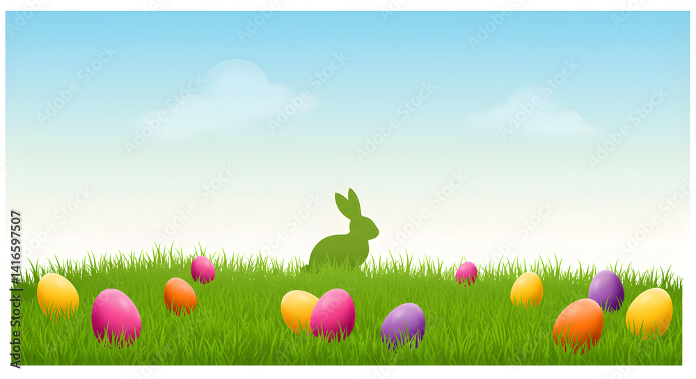 Fototapeta premium Easter egg hunt scene with bunny and colorful eggs