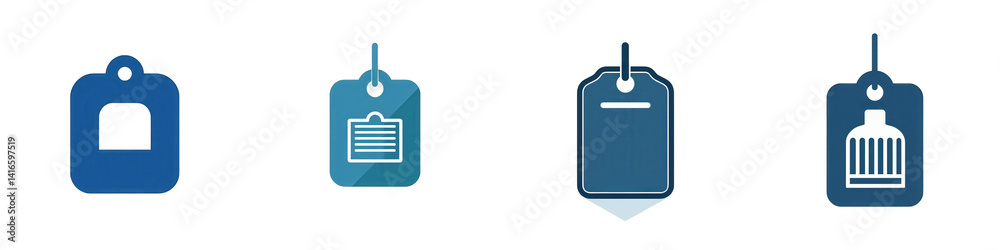 Fototapeta premium A collection of four distinct tags displayed in a row, showcasing various shapes and designs, ideal for labeling items or gifts isolated on white or transparent png
