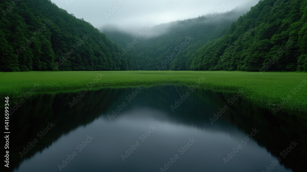 Obraz premium Misty Mountain Valley Reflecting in Calm Water