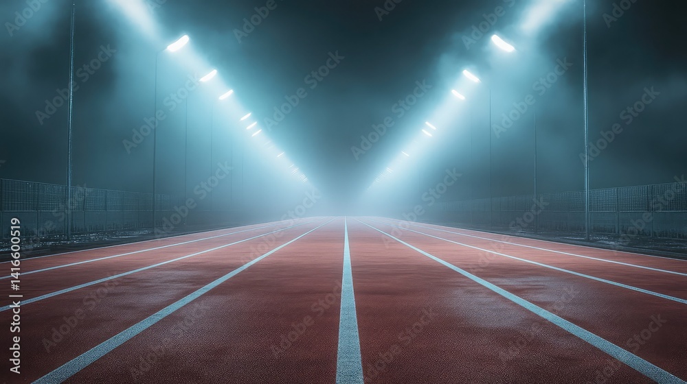 Naklejka premium Desolate sprint lanes stretching into a foggy distance under stadium lights