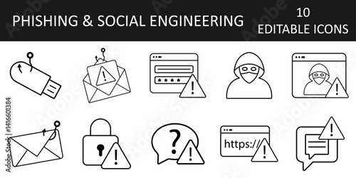 Phishing and social engineering icon set featuring 10 editable line icons, including fake login page, baited USB, warning alerts, hacker screens, and suspicious email messages.