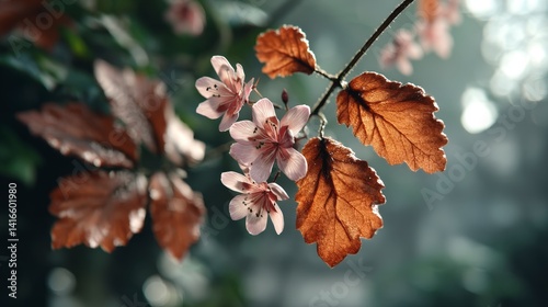 Serene Blossom  Delicate Pink Flowers   Autumn Leaves