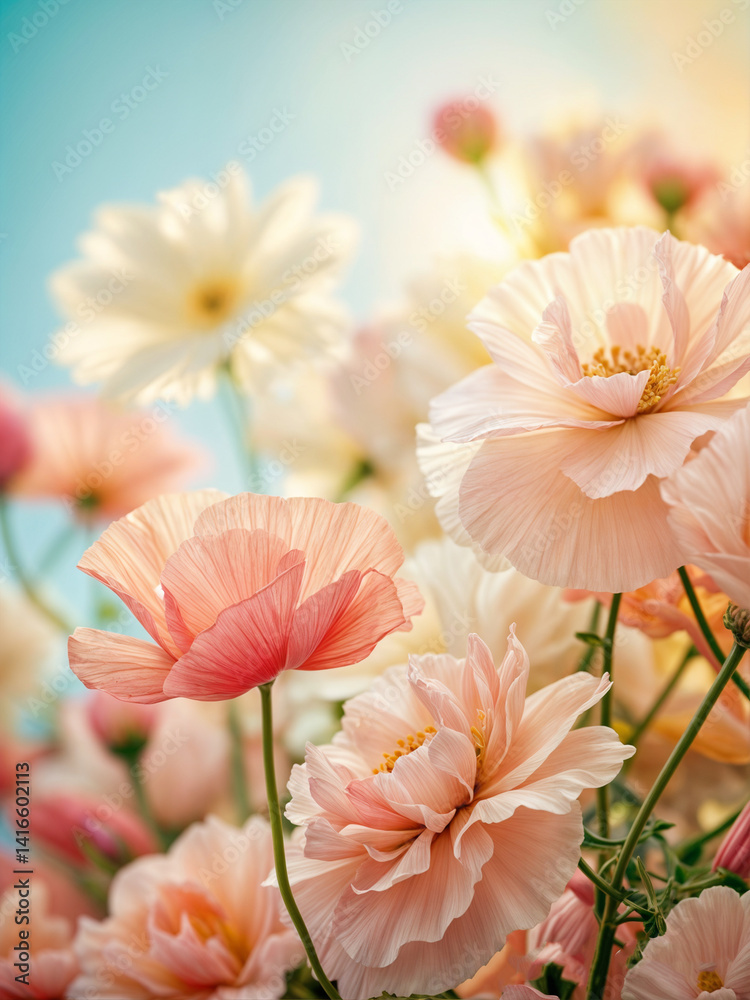 Fototapeta premium Beautiful arrangement of pastel colored flowers in soft lighting creating a serene atmosphere in a tranquil setting