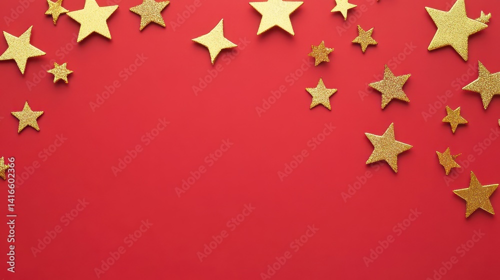 a festive and elegant composition featuring sparkling golden star ornaments scattered across a vibrant red background creating a sense of celebration and joyous anticipation a festive and elegant composition featuring sparkling golden star ornaments scattered across a vibrant red background creating a sense of celebration and joyous anticipation