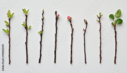 Stages of Plant Growth Brown Branches, Green Leaves and Pink Flower Buds on White Background