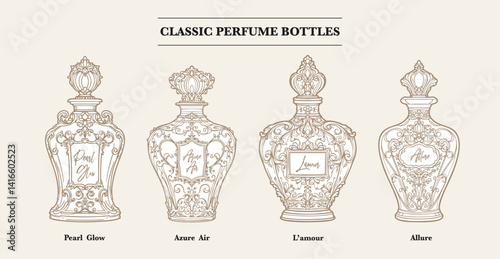 Elegant vintage perfume bottles with intricate designs. Perfect for luxury branding, packaging, or decor projects. Download these ornate illustrations for a classic touch!