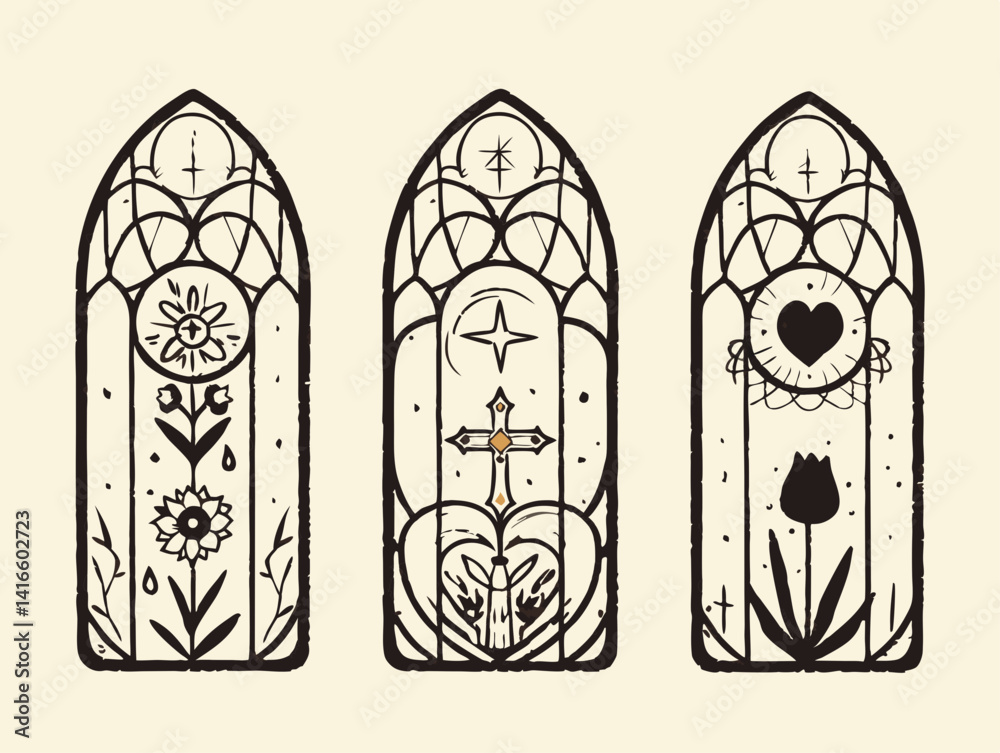 Gothic Window Set: Intricate designs of three Gothic windows with distinct motifs, featuring flowers, cross, stars, and a heart. Gothic Window Set: Intricate designs of three Gothic windows with distinct motifs, featuring flowers, cross, stars, and a heart.