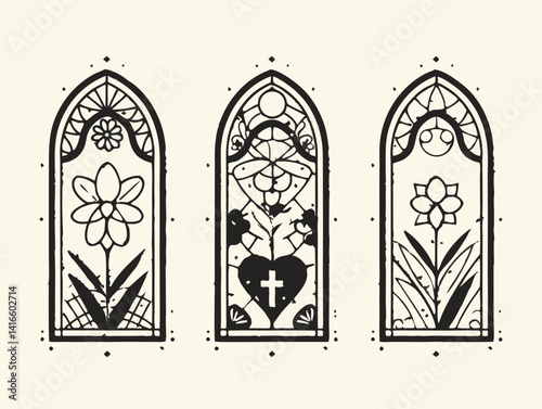 Artistic Floral Window Illustration: Artistic window stained glass art in illustration style, featuring elaborate floral arrangements and delicate design elements.
