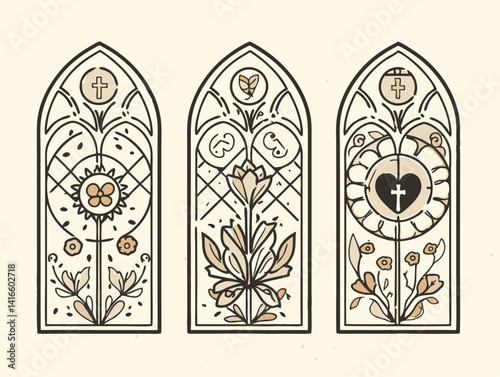Elegant stained glass window with intricate details, representing faith, hope, and love. Featuring a detailed design of religious symbols with aesthetic value.