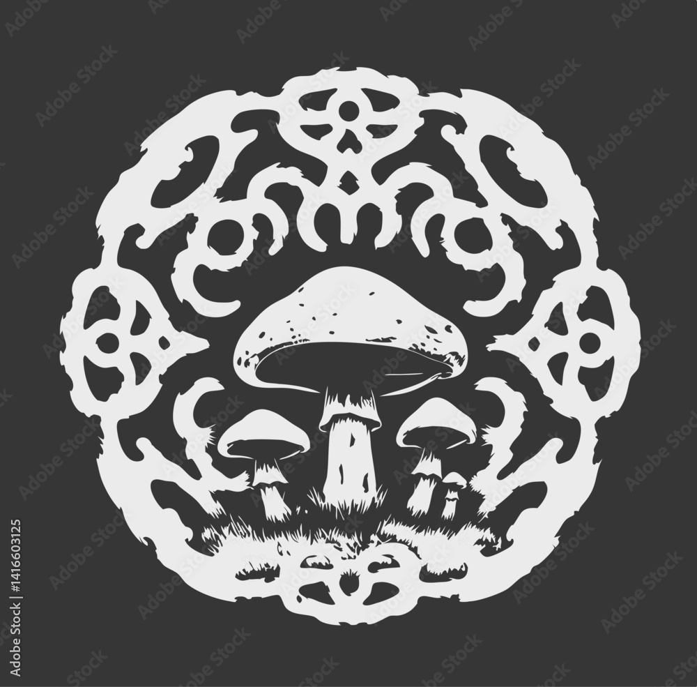 Fototapeta premium Mystical Mushroom Medallion: A delicate illustration of mushrooms set against a dark backdrop, evoking a sense of natural enchantment and artistic charm.