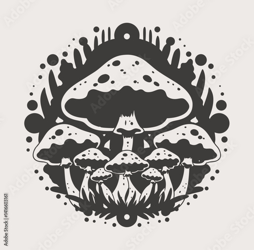 Mystical Mushrooms: An intricate monochrome illustration of a cluster of enchanting mushrooms, featuring a playful arrangement of sizes and shapes, all united with elegant lines and patterns.