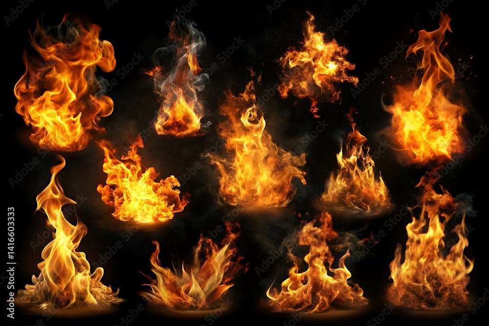 Fototapeta premium Series of fire effects, including flames and smoke, are shown in black