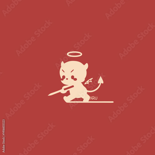 Angel Devil's Fight: A cartoon depicts a small angel-devil hybrid, walking angrily with a weapon on a red background.
