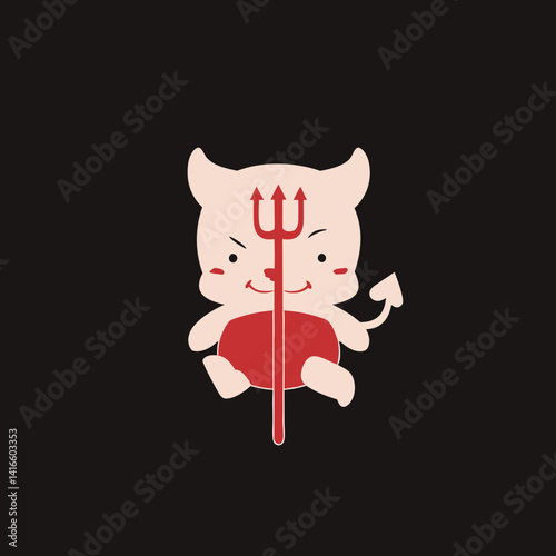A mischievous Devil: A cute and mischievous imp stands proudly with a red pitchfork, a fun illustration on a dark, neutral backdrop.