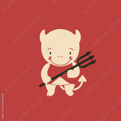 Mischievous Delight: A charming cartoon devil figure, complete with horns and a trident, exudes a playful attitude set against a deep crimson backdrop.