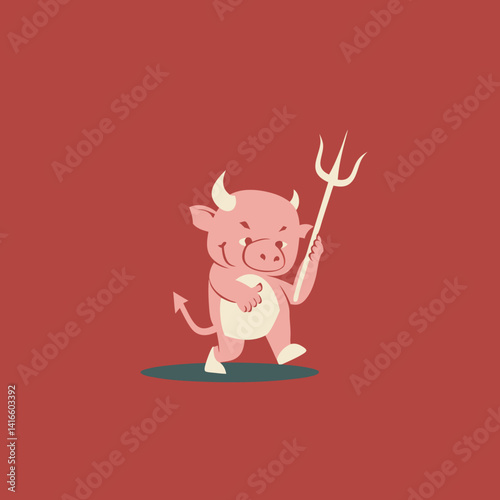 Mischievous Devil with Trident: A cute, cartoonish devil with horns, a tail, and a playful grin confidently strides forward, gripping a trident against a plain, warm background.