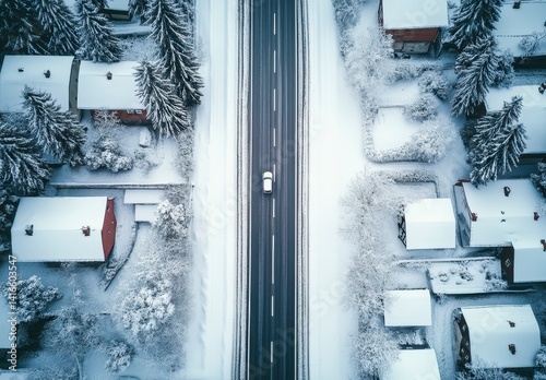 Aerial View of a Snowy Suburban Road and Houses