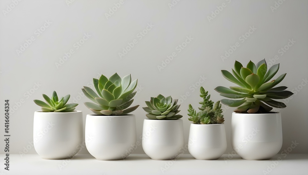 Succulents in white pots, creating a beautiful, minimalist and natural aesthetic arrangement. Succulents in white pots, creating a beautiful, minimalist and natural aesthetic arrangement.