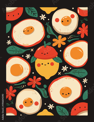 Sunny-Side Up: A whimsical illustration featuring a cheerful lemon with a fried egg "hat" nestled amidst a playful arrangement of sunny-side up eggs and vibrant flowers, against a dark background. 
