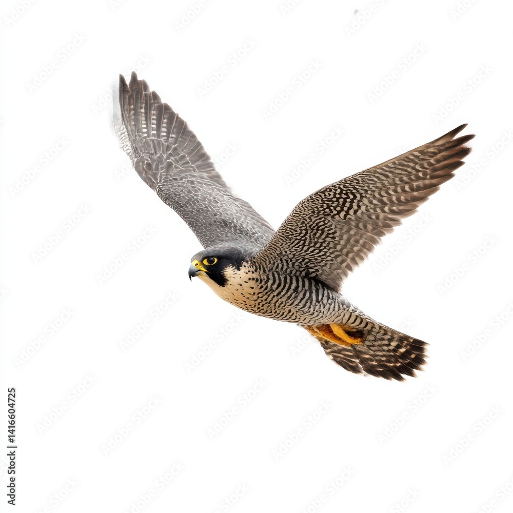 Fototapeta premium Peregrine falcon soars gracefully with wings spread isolated on white background