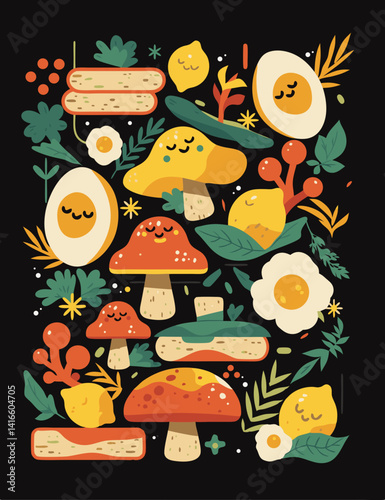 Whimsical Food Fantasia: A delightful illustration of an assortment of foods and natural elements, crafted in a whimsical, inviting, and playful style.