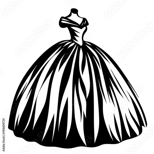Elegant ball gown silhouette on mannequin in black and white design