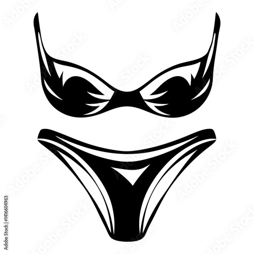 Black and white outline of a two piece bikini swimsuit design