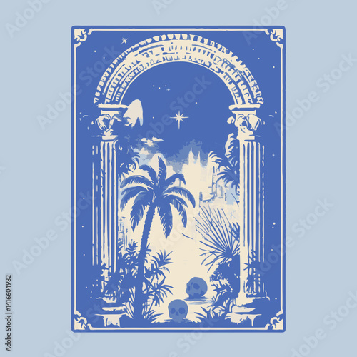 Blue Archway to Paradise: A serene, blue-toned illustration depicts a classical archway framing a lush tropical paradise scene, evoking tranquility and dreams of escape. 