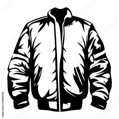 A simplified black and white illustration of a bomber style jacket