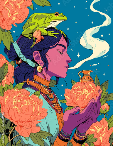 Enchanting Reverie: A whimsical scene unfolds, with a woman lost in peaceful contemplation, embraced by the vibrant beauty of blooming peonies, a frog perched atop her head.
