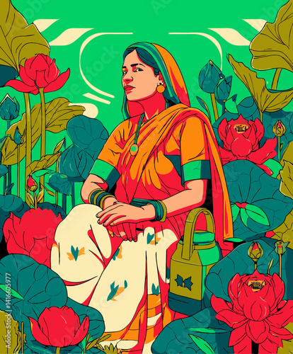 Woman in Lotus Garden: A woman wearing a traditional saree sits amongst vibrant lotus flowers in a lush green garden, evoking a sense of tranquility and connection with nature.