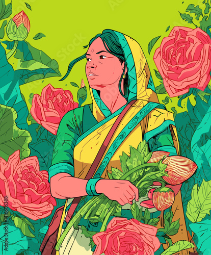 Village woman with flowers: An artistic and vibrant depiction of a woman immersed in nature, clutching a bouquet of flowers. Dressed in colorful traditional attire.