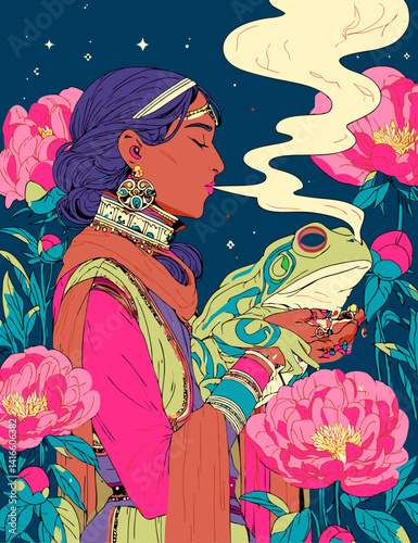 Mystical Enchantment: A vibrant illustration of a woman in ornate attire cradling a mystical frog amidst blooming peonies under a starry night sky.