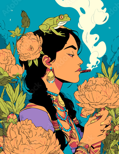 Floral Reverie: An artistic depiction of a woman adorned with flowers and a frog, enveloped in a tranquil, bohemian atmosphere.