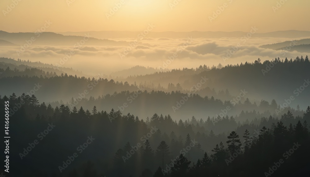 Fototapeta premium Majestic sunrise over misty forested hills nature landscape photography serene environment tranquil viewpoint captivating concept for nature lovers