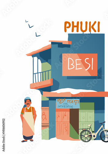 Local Vendor and Shop: A stylized illustration of a small, local shop, with the shop owner standing in front of it, exuding the charm of community business and neighborhood life.