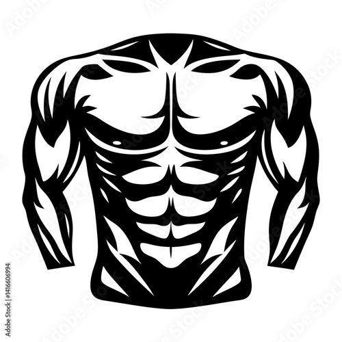 Stylized Muscular Torso Illustration of a Bodybuilder's Upper Body in Black and White