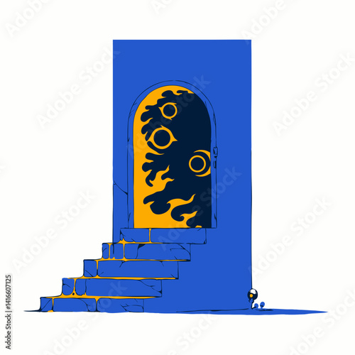 Mysterious Portal: A surreal depiction of an arched doorway leading to an unknown realm, the entrance framed by a stark blue wall. Inside.